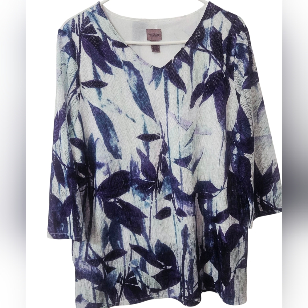 Easywear By Chico's XL 3/4 Sleeve Top With Purple, Blue, & Green Floral Design
